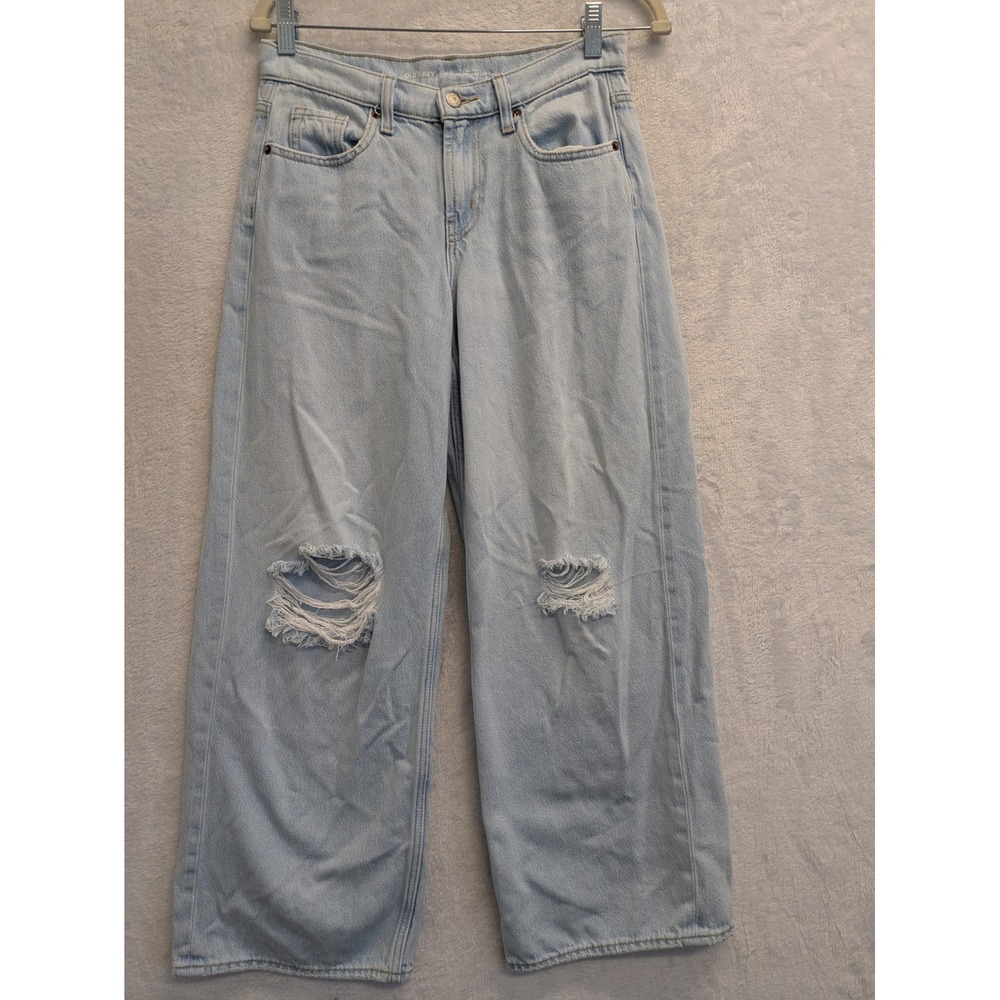 Old Navy Womens Jeans Size 0 Light Wash Distressed Ripped Wide Leg Crop‎ Denim